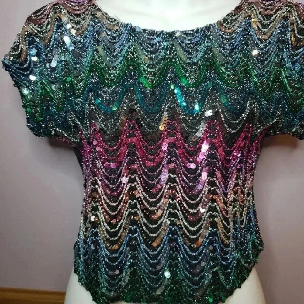 Vintage sequins shiny short sleeve crop top shirt